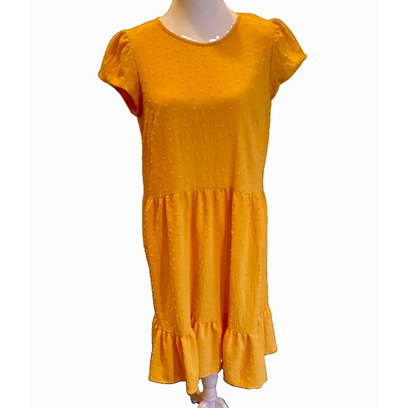 52Seven Dresses & Skirts - 52seven Yellow Solid A-Line Dress Round Neck Cap Sleeve Ruffle Knee M
